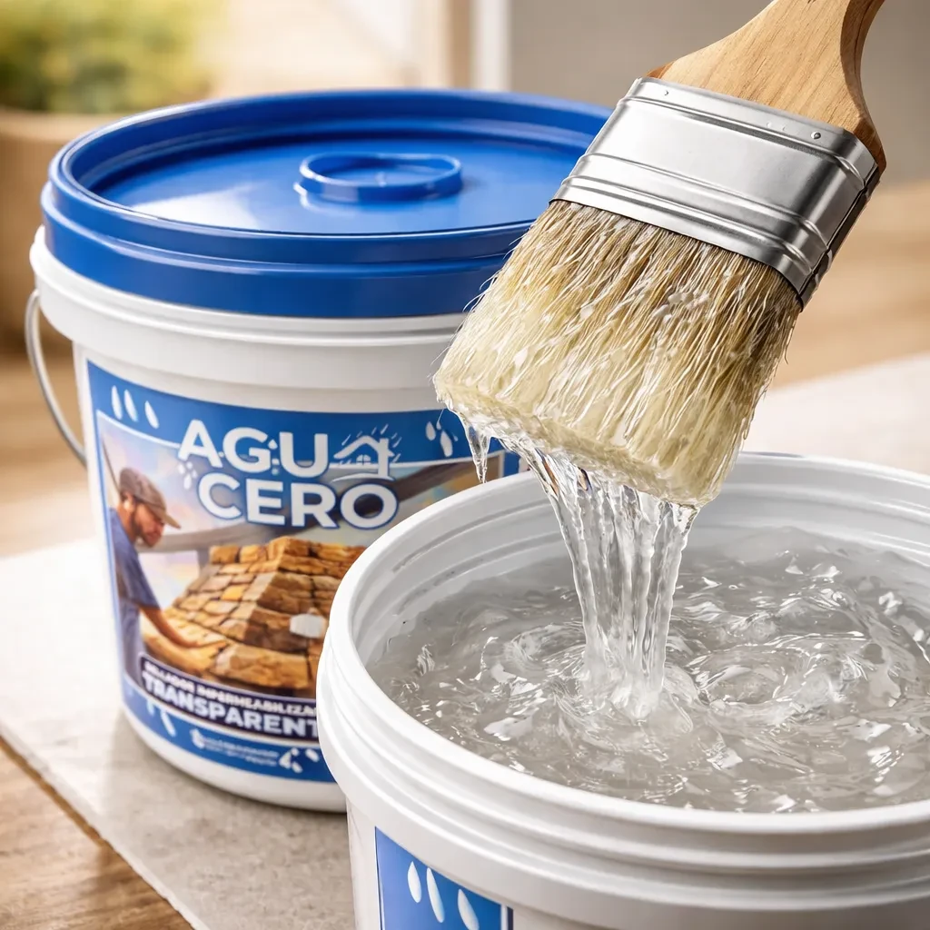Imagen de campaña con brocha y envases blancos de Agua Cero