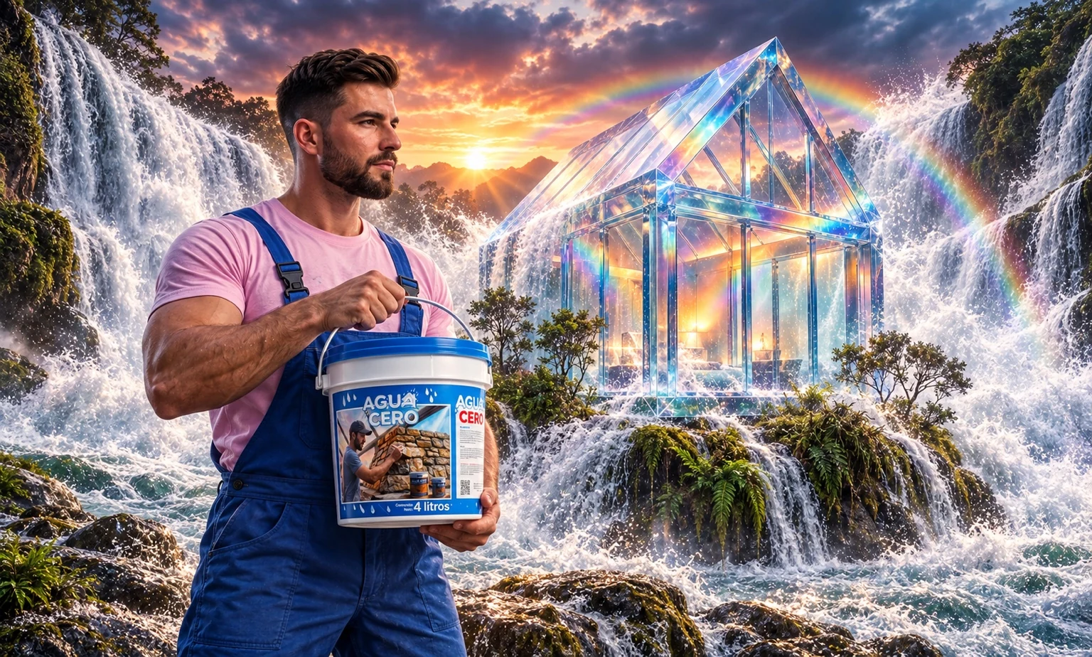 Ilustración de Agua Cero: una casa de cristal entre cascadas